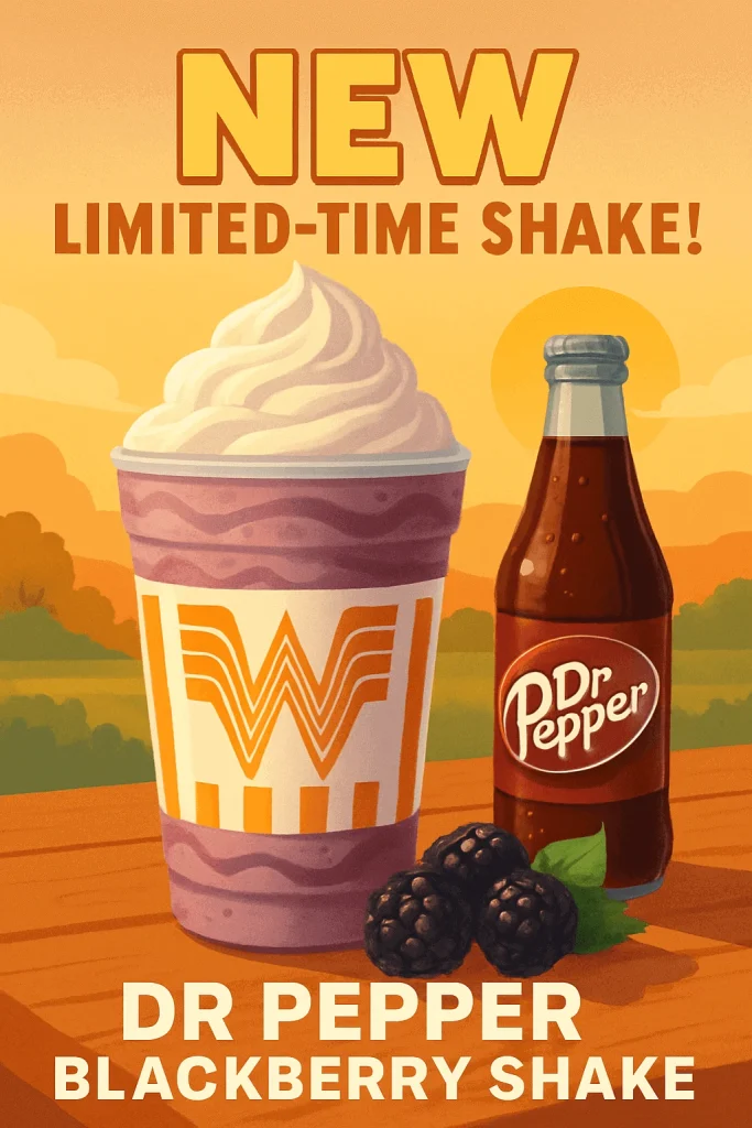Whataburger Dr Pepper Blackberry Shake in branded cup with blackberries and Dr Pepper bottle on summer table