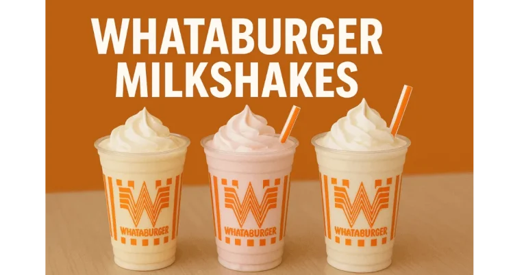 Three Whataburger milkshakes in branded cups with whipped cream, featuring vanilla and strawberry flavors.