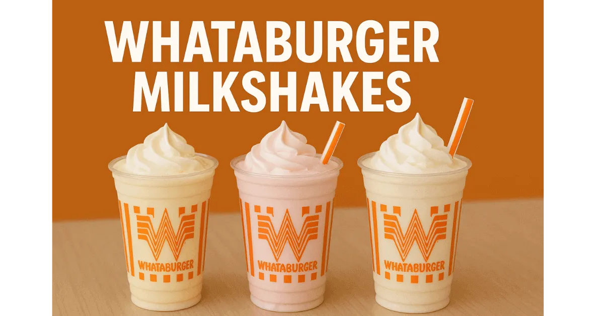 Three Whataburger milkshakes in branded cups with whipped cream, featuring vanilla and strawberry flavors.