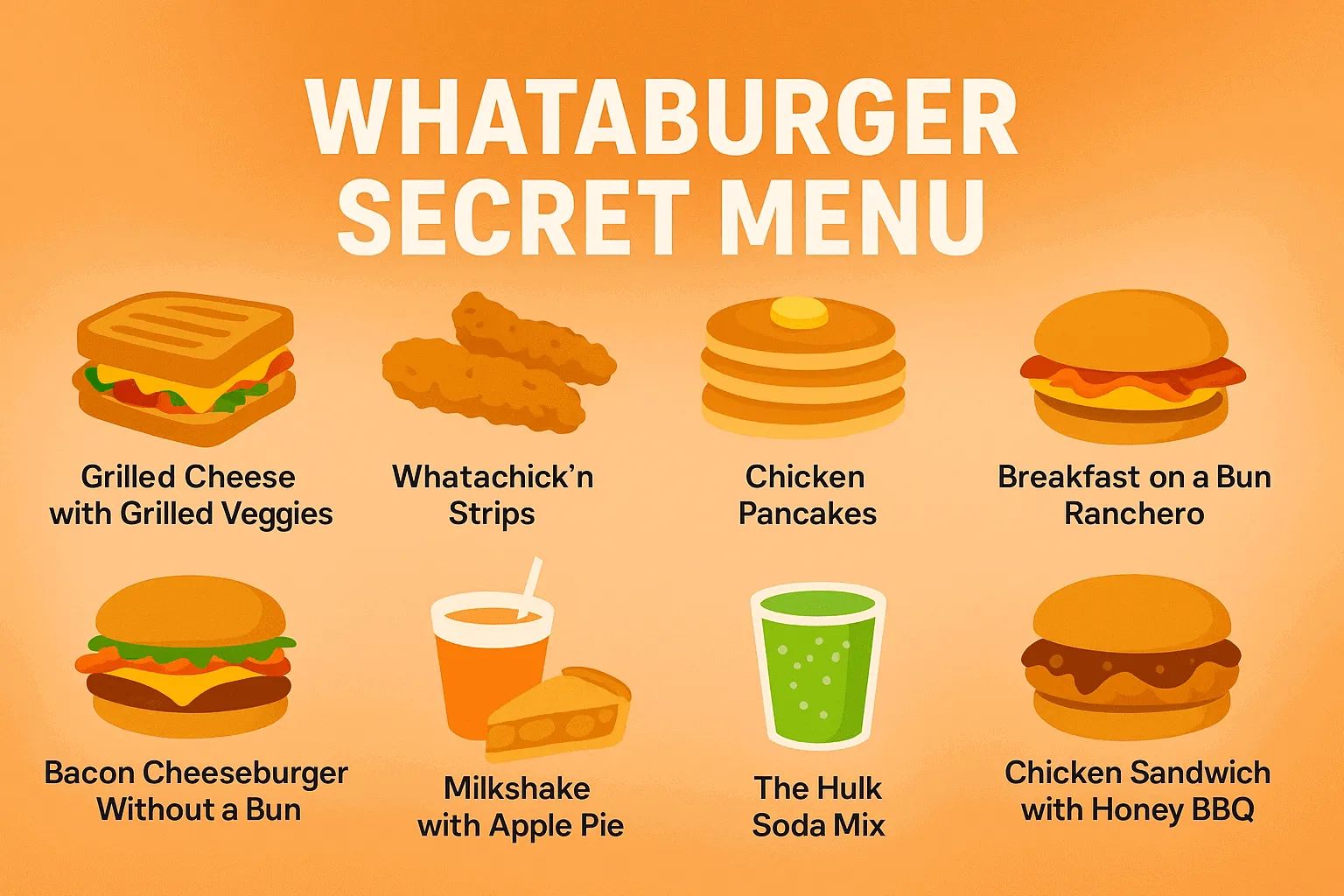 Whataburger Secret Menu illustration with grilled cheese, chicken strips, pancakes, ranchero breakfast, bunless bacon cheeseburger, milkshake apple pie, Hulk soda, honey BBQ chicken sandwich, and Monterey melt