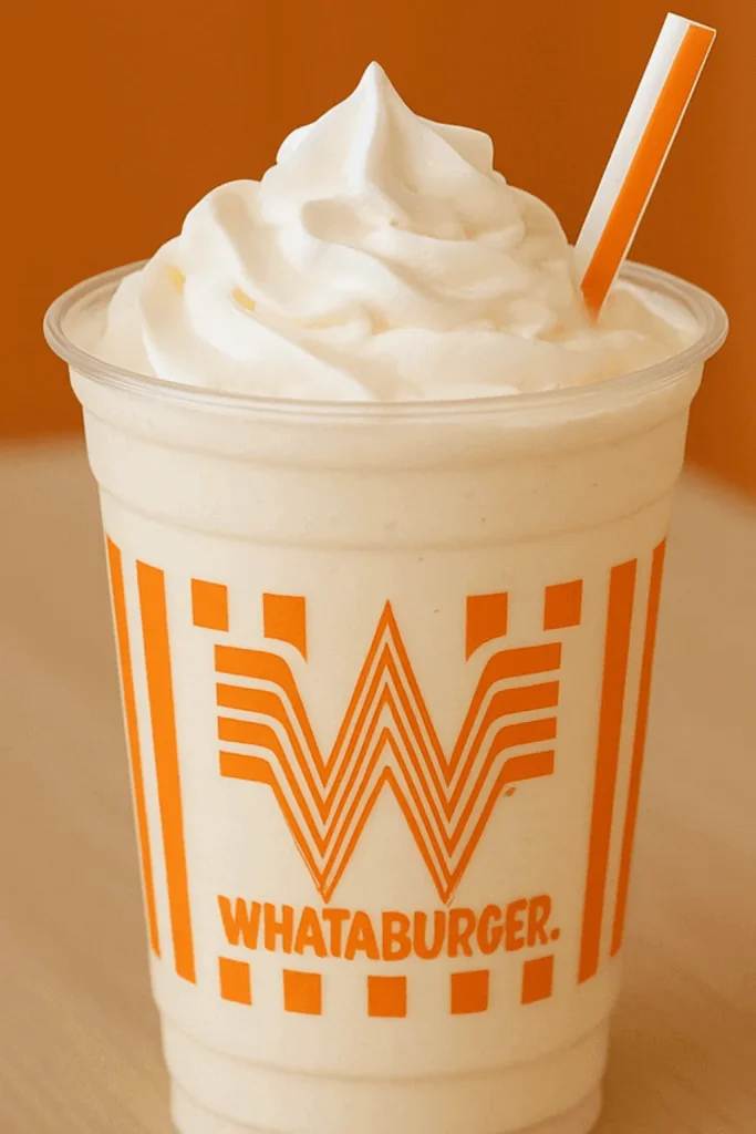 Whataburger vanilla milkshake topped with whipped cream in orange-striped cup – flavors, prices, and calories guide